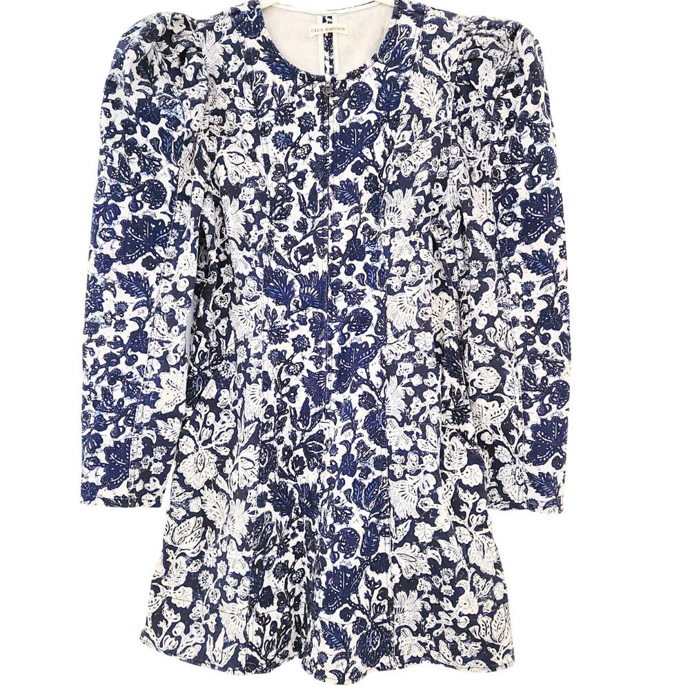 Ulla Johnson Dress Mini Western Wren Denim Puff Long Sleeve Blue Floral US 8 - Picture 7 of 15